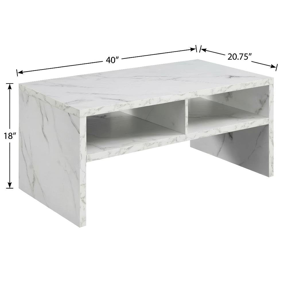 White Faux Marble Coffee Table with Honeycomb Material and Shelves for Storage