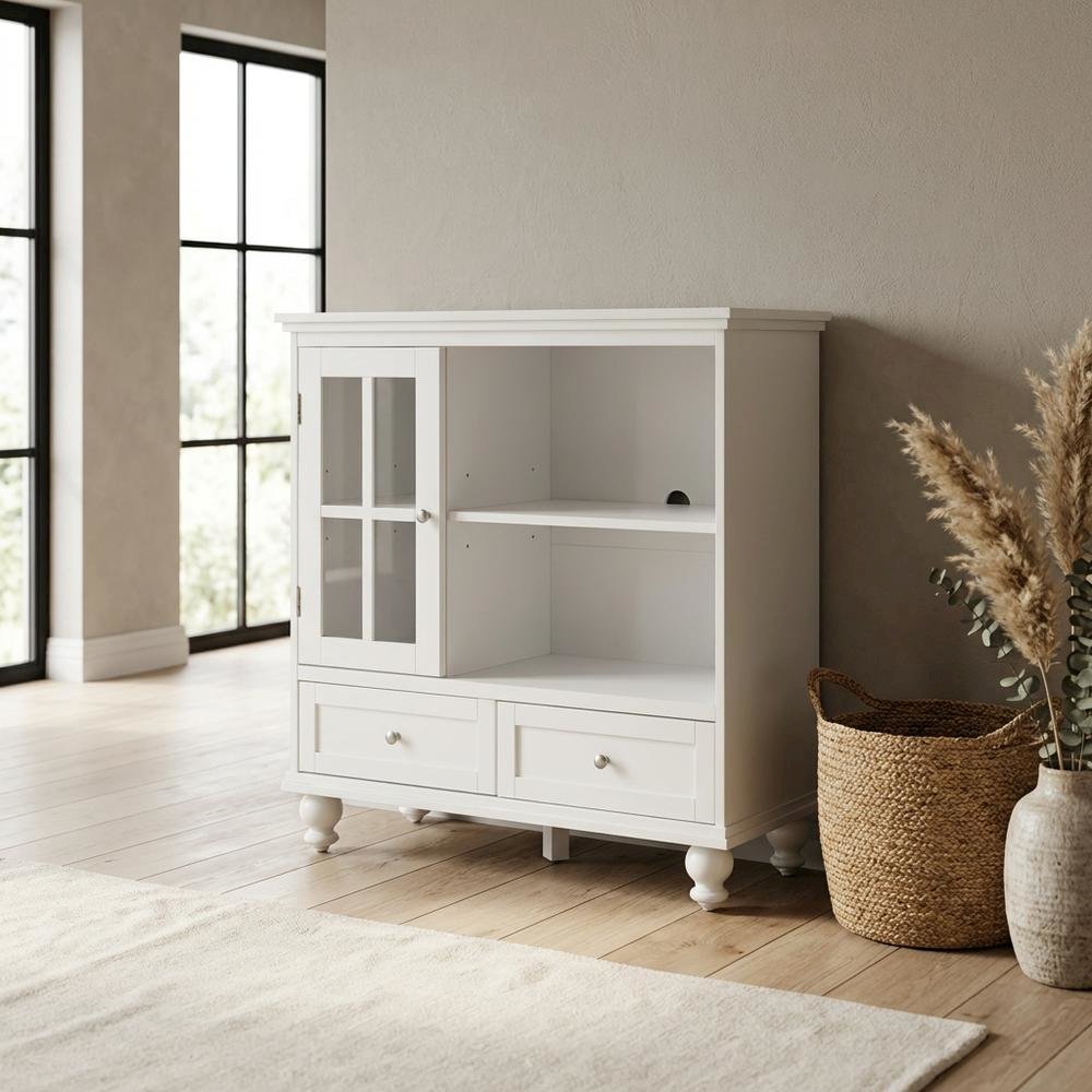 White Solid Wood Pine TV Stand with Ash Veneer and Tempered Glass accents