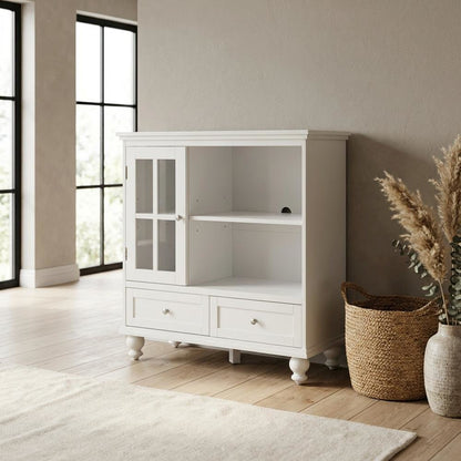 White Solid Wood Pine TV Stand with Ash Veneer and Tempered Glass accents
