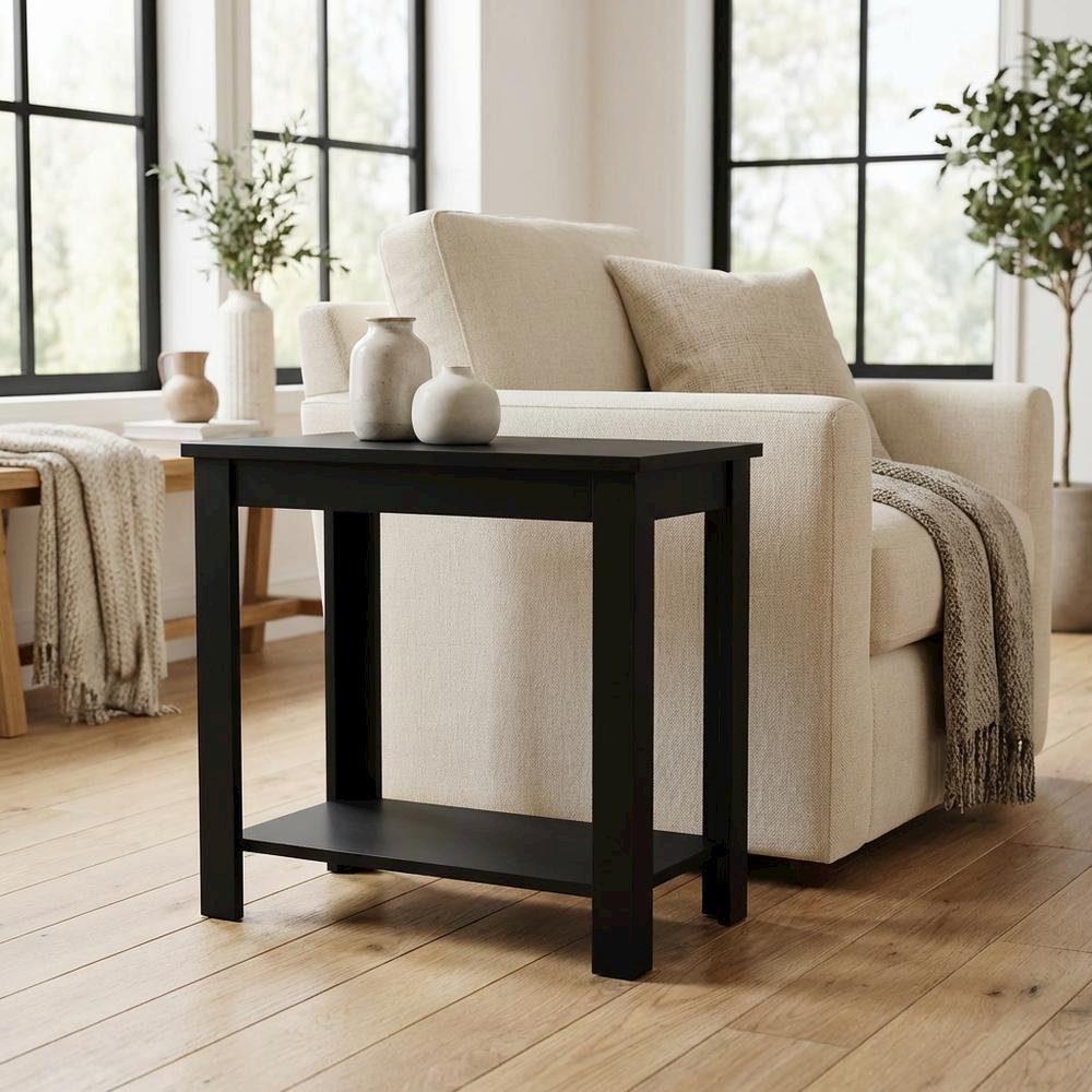 Slim Chairside Table, Black, Bottom Shelf, Quick Setup