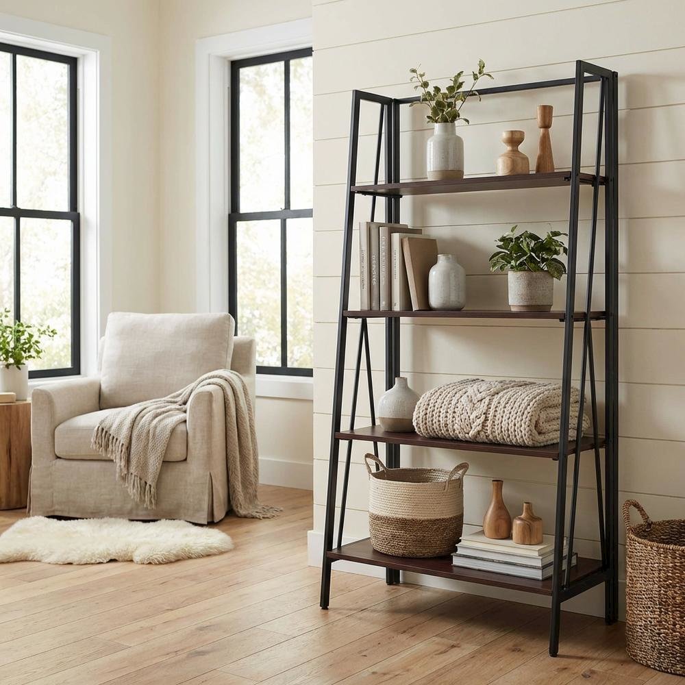 Espresso Folding 4-Tier Bookshelf with Durable Particle Board Construction