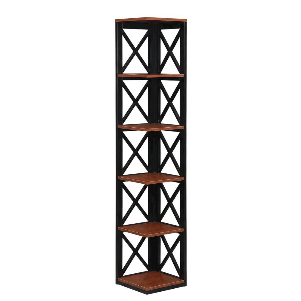 Multi-tier corner bookcase with durable finish, ideal for compact spaces