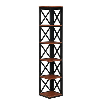 Multi-tier corner bookcase with durable finish, ideal for compact spaces