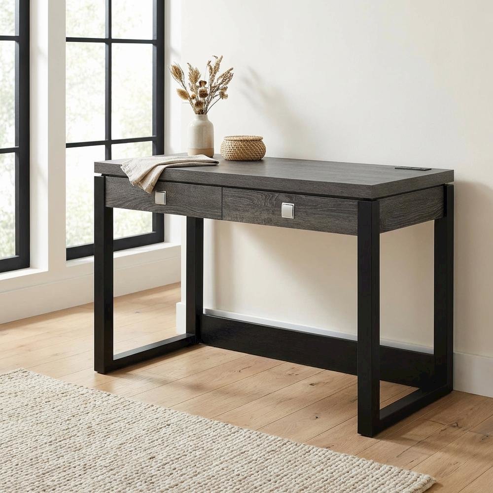 Weathered Gray And Black 2 Drawer Desk With Charging Station For Home Office