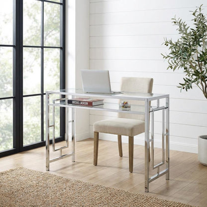 Contemporary Chrome Desk With Shelf And Clear Glass Surface