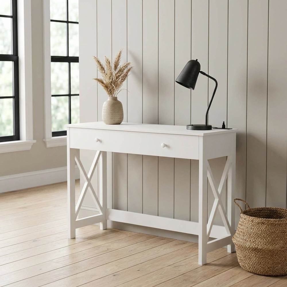 White Office Desk With Charging Station And Mdf Surface For Workspace