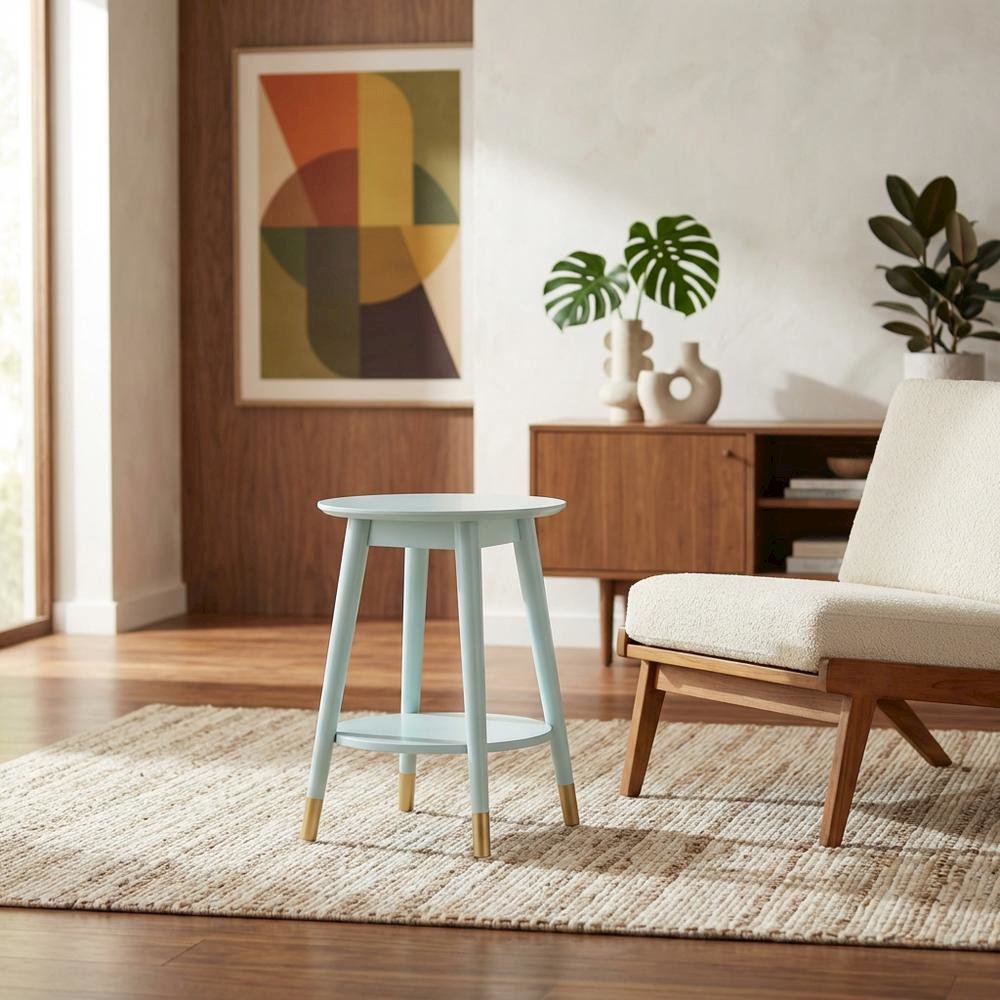 Mid Century Round End Table with Bottom Shelf for Living Room Space