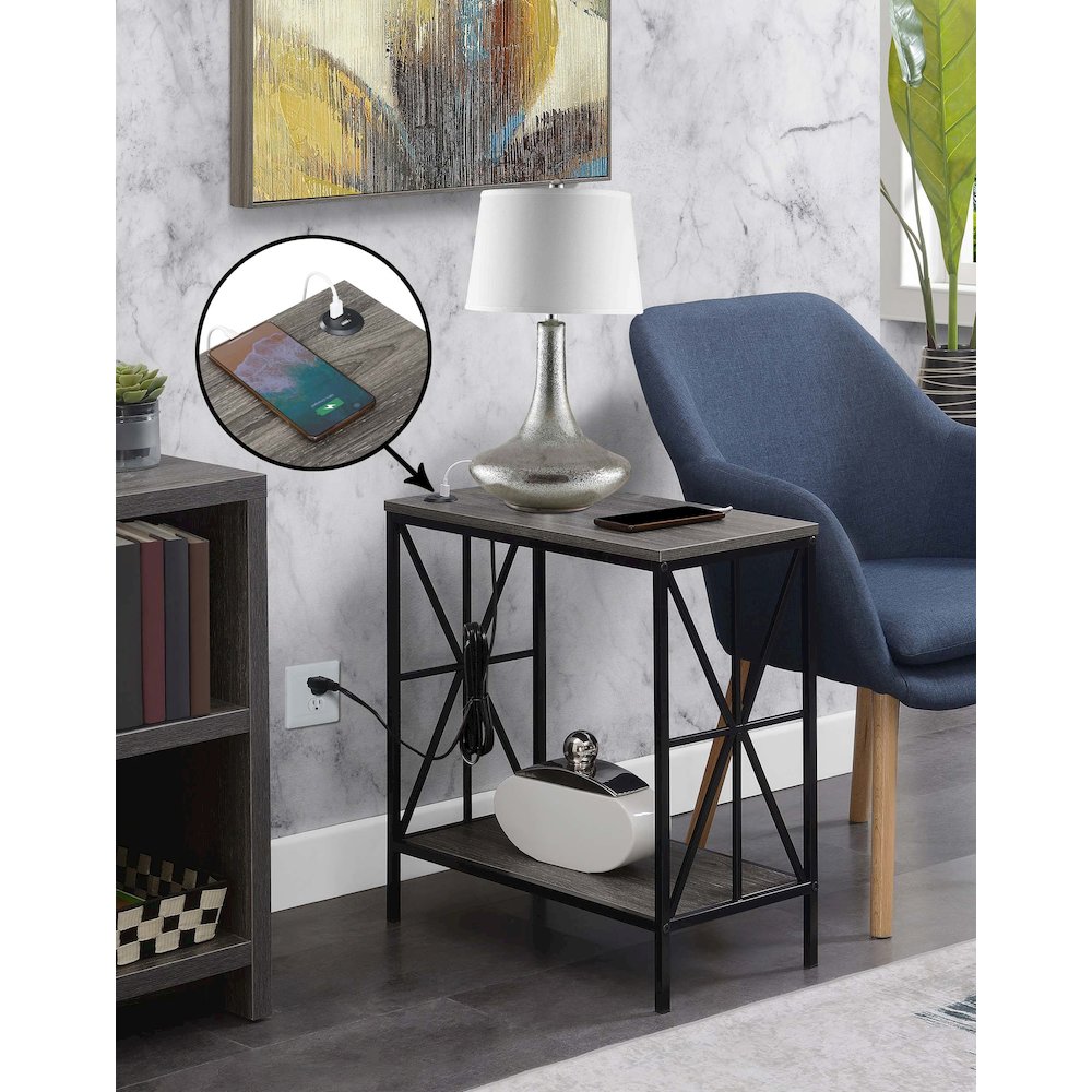 Tucson Starburst Chairside End Table with Charging Station and Shelf, Weathered Gray/Black