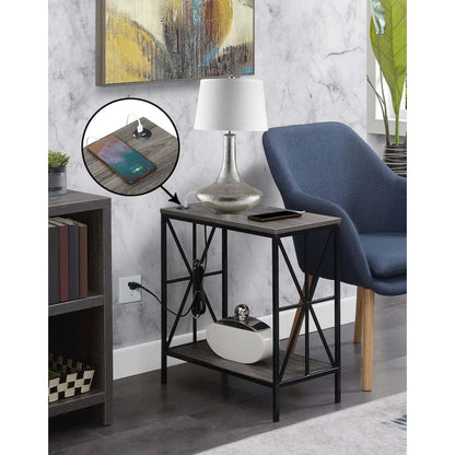 Tucson Starburst Chairside End Table with Charging Station and Shelf, Weathered Gray/Black