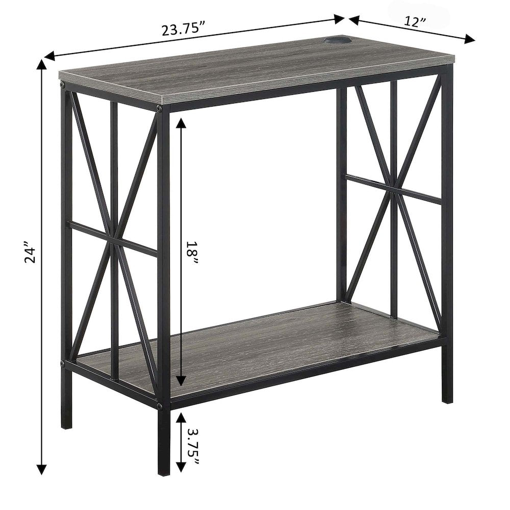 Tucson Starburst Chairside End Table with Charging Station and Shelf, Weathered Gray/Black