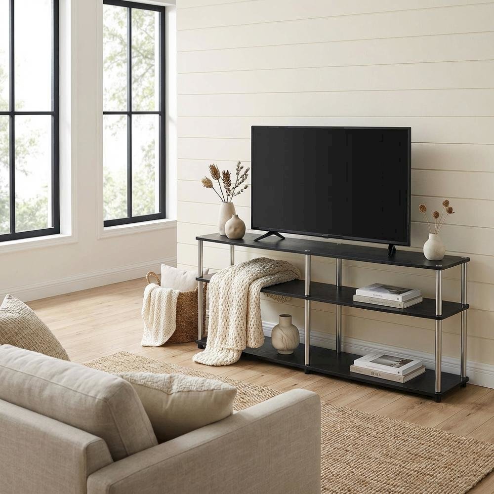 Black 3-Tier TV Stand with Particle Board and Metal Support