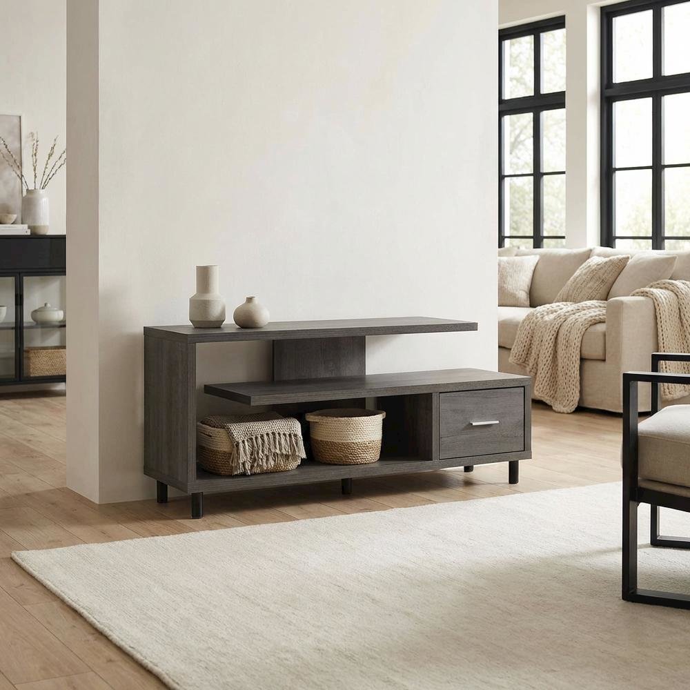 Gray TV stand with 1 drawer and shelves for 65-inch TVs, modern style