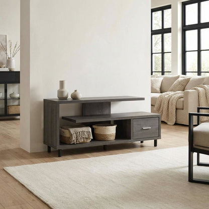 Gray TV stand with 1 drawer and shelves for 65-inch TVs, modern style