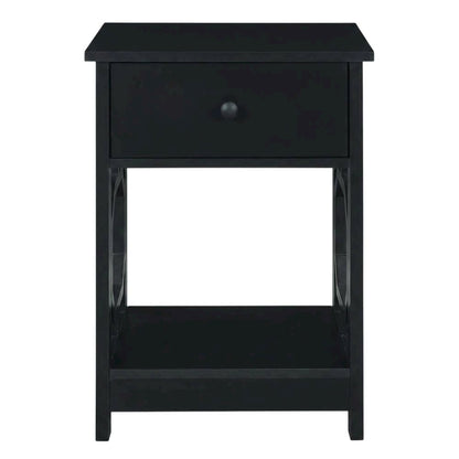 Black end table with single drawer for versatile living space use