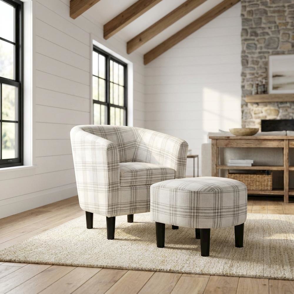Plaid Patterned Fabric Accent Chair with Ottoman for Living Room, Gray Plaid