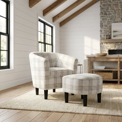 Plaid Patterned Fabric Accent Chair with Ottoman for Living Room, Gray Plaid