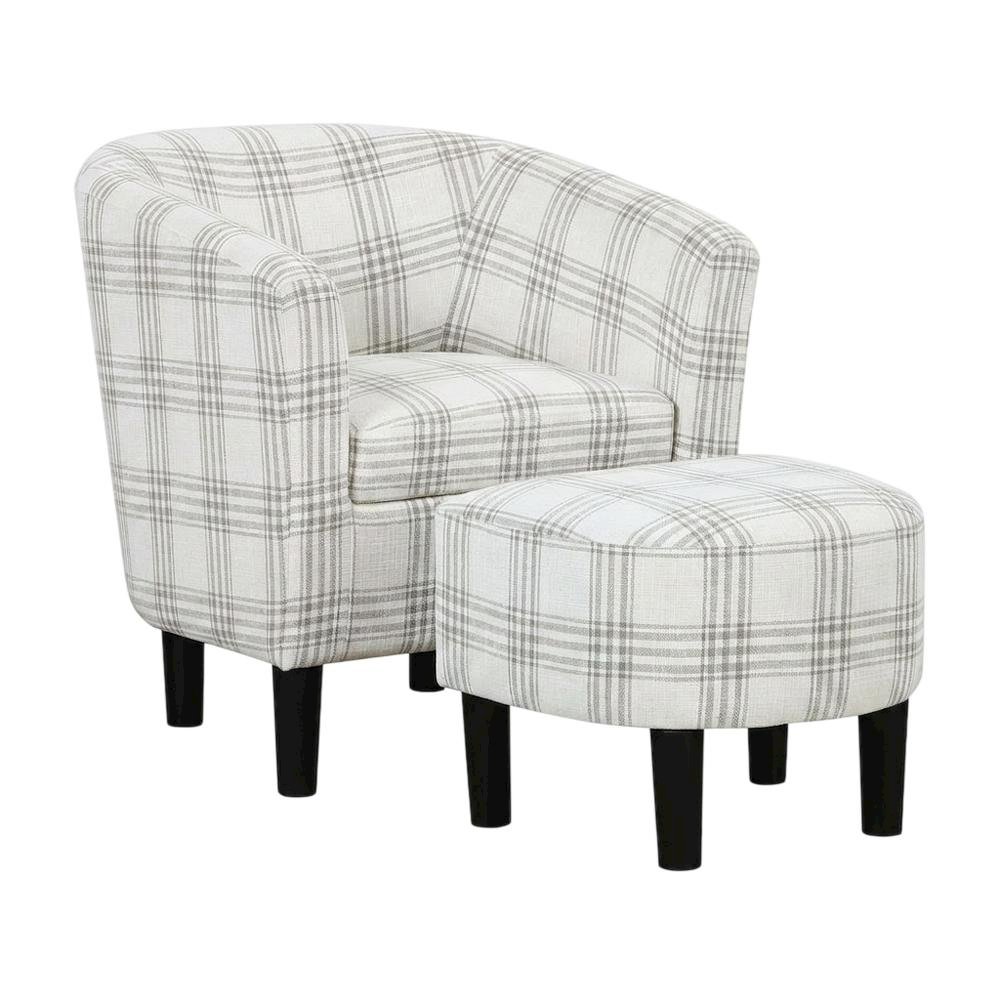 Plaid Patterned Fabric Accent Chair with Ottoman for Living Room, Gray Plaid