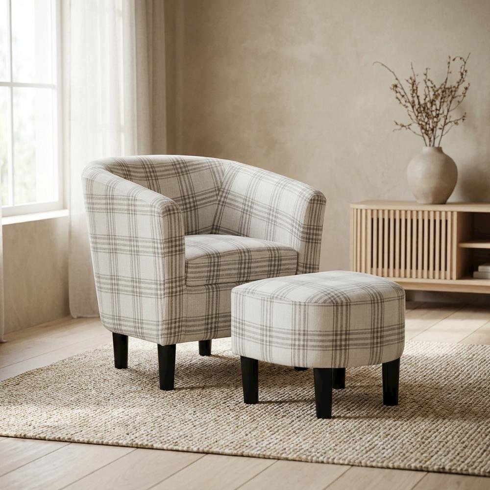 Plaid Patterned Fabric Accent Chair with Ottoman for Living Room, Gray Plaid