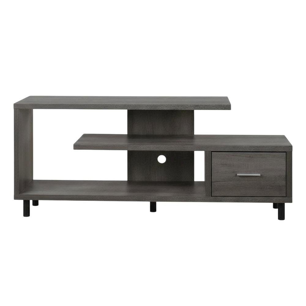 Gray TV stand with 1 drawer and shelves for 65-inch TVs, modern style