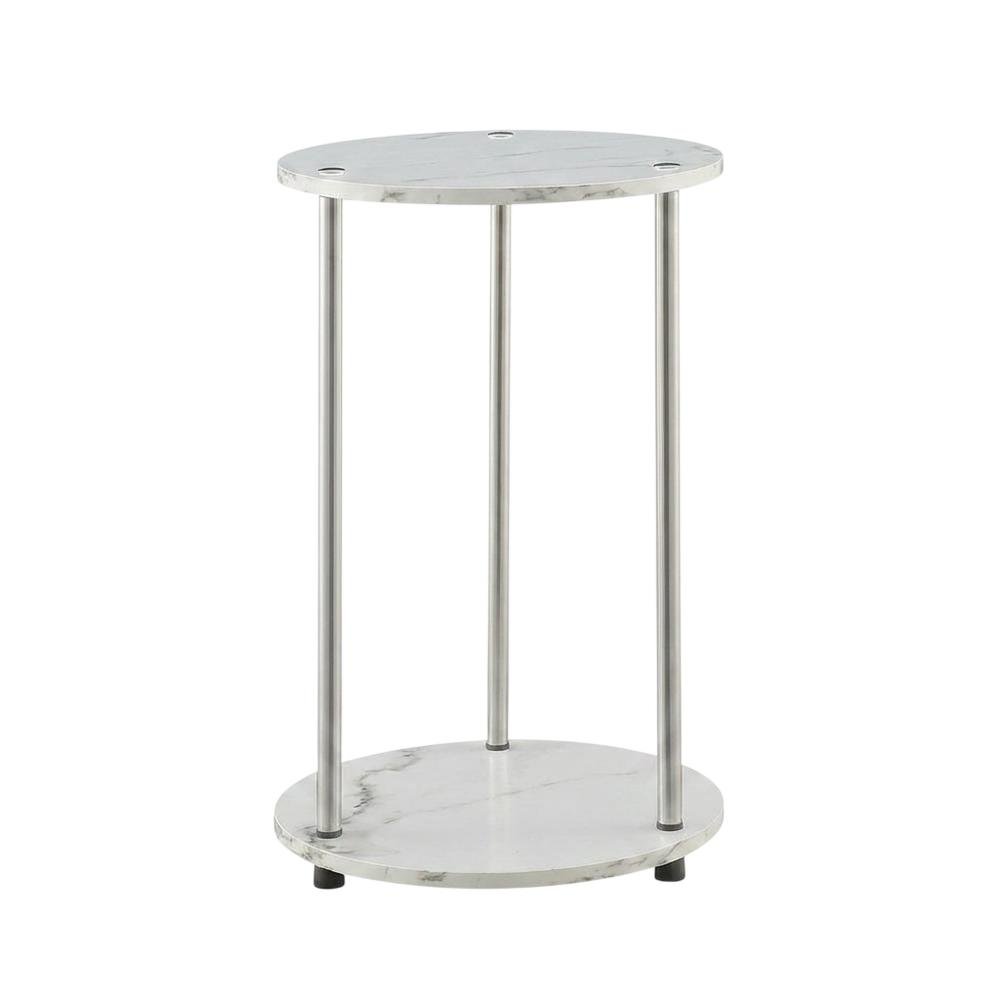 Round End Table with Faux White Marble Top and Chrome Finish