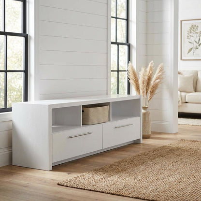 White TV Stand with Cabinets and Shelves for TVs up to 65 Inches