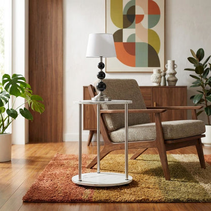 Round End Table with Faux White Marble Top and Chrome Finish