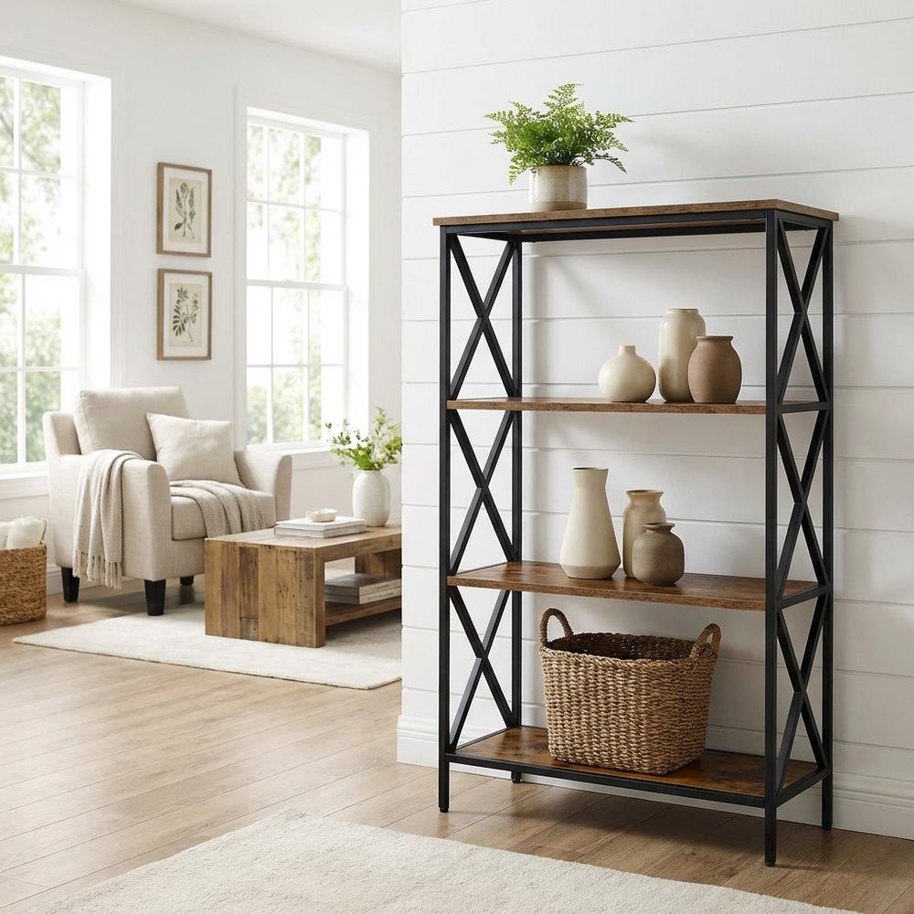 Powder Coated Metal 4-Tier Bookcase with Durable Finish for Home Office Storage