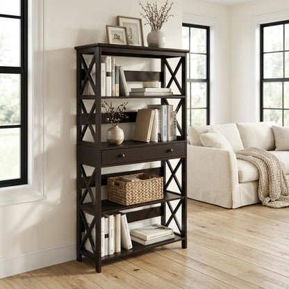 5-Tier Bookcase with Drawer in Modern Finish for Storage and Organization