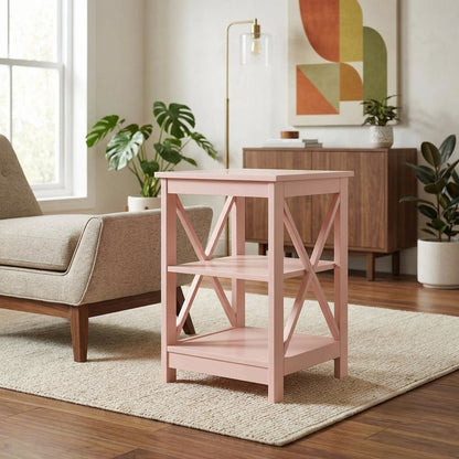 Blush Pink End Table with Shelves — Transitional Coastal Style for Living Room