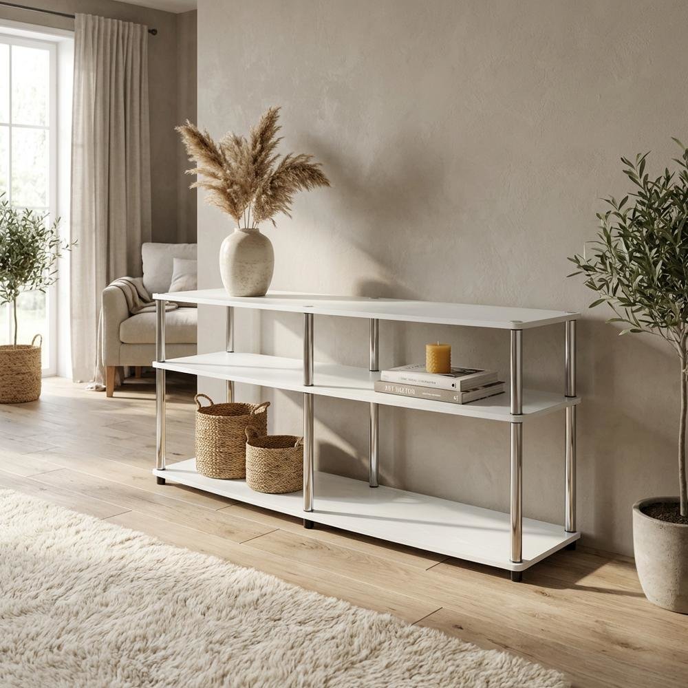 White 3-Tier TV Stand with Particle Board Construction and Stainless Steel Poles
