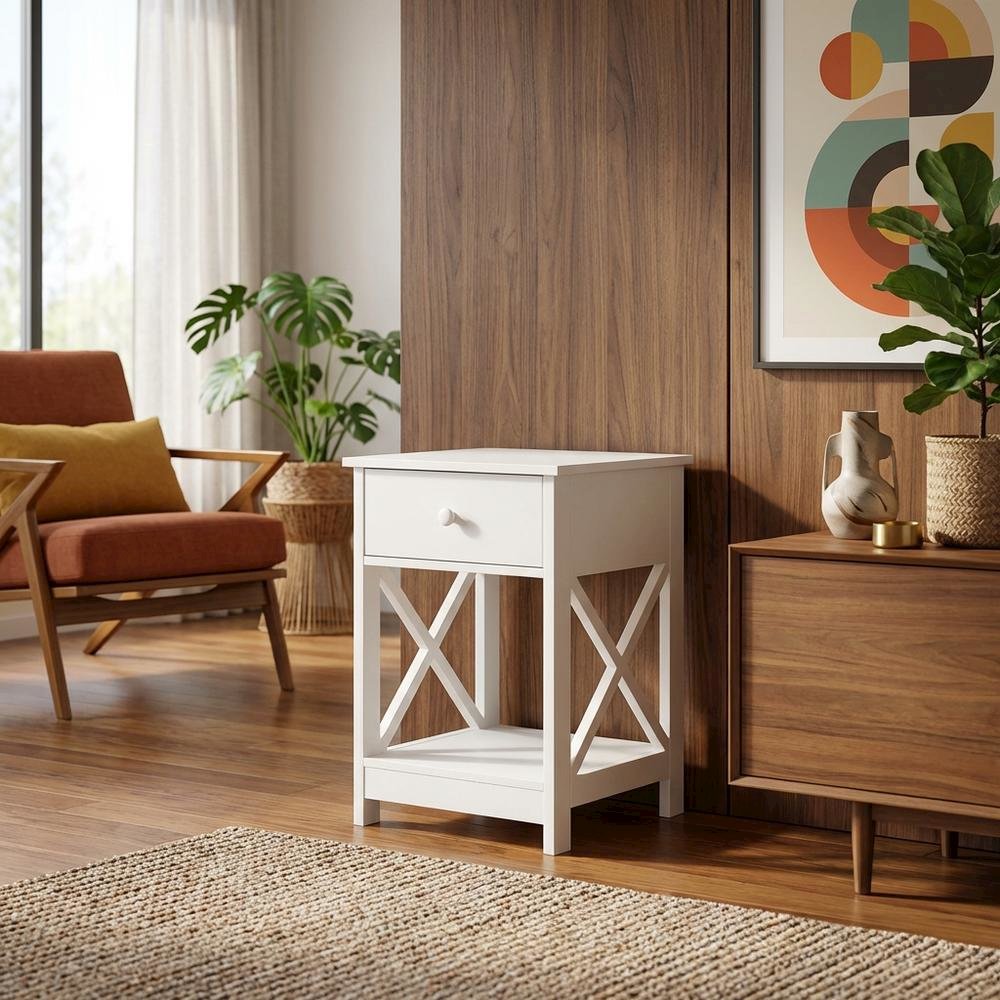 White 1-Drawer End Table with Modern Square Design