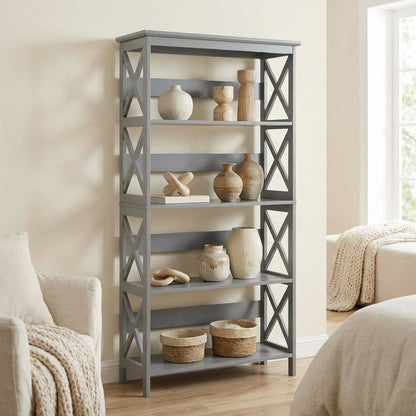 Wooden 5-Tier Bookcase in Rustic Finish with Classic Storage Design