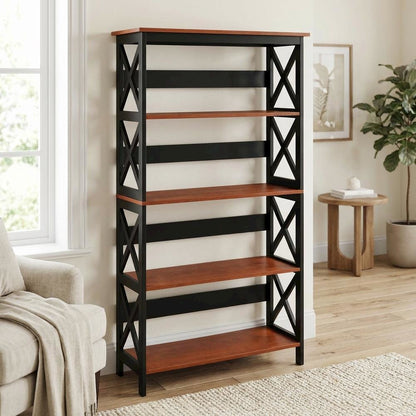 Wooden 5-Tier Bookcase with Durable Non-Lead Base Paint for Home Office Storage