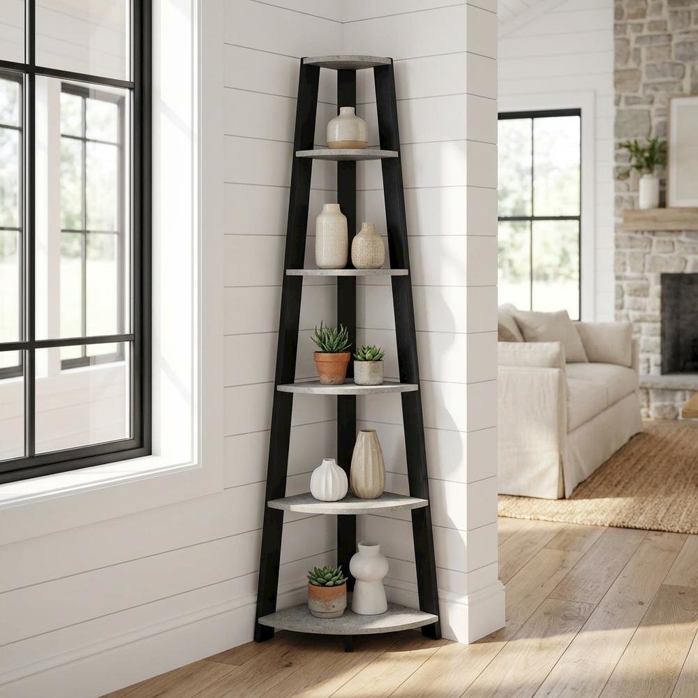 Black 5-Tier Corner Bookshelf with Faux Cement Finish and Modern Style