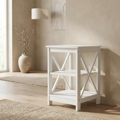 White end table with shelves, transitional coastal style, stylish and functional
