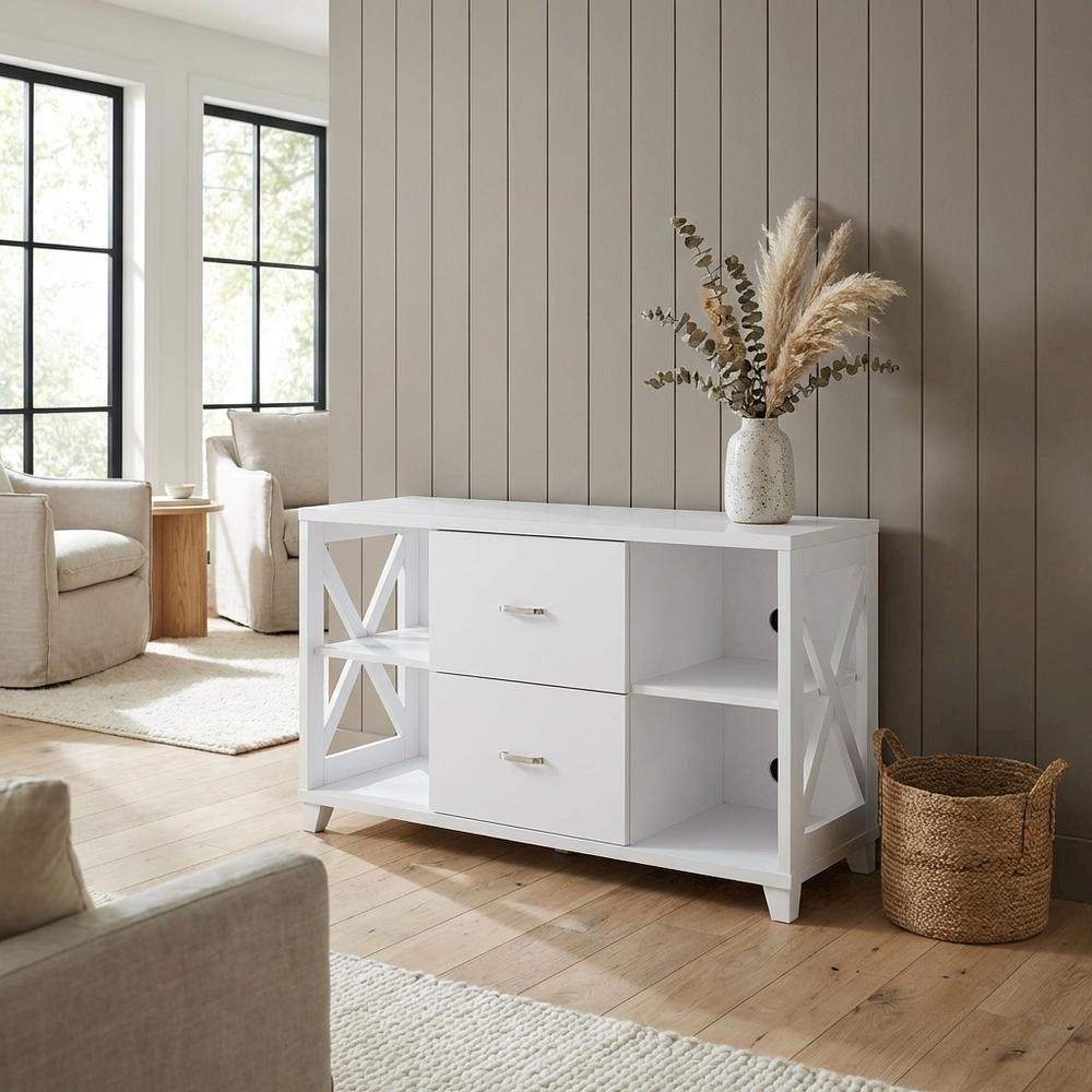 White Oxford Deluxe TV Stand, 2 Drawers, Shelves, Up to 55-Inch Screens