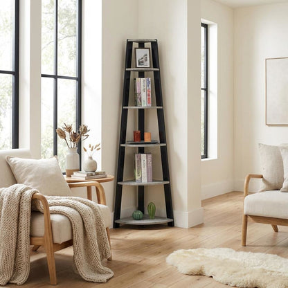 Black 5-Tier Corner Bookshelf with Faux Cement Finish and Modern Style