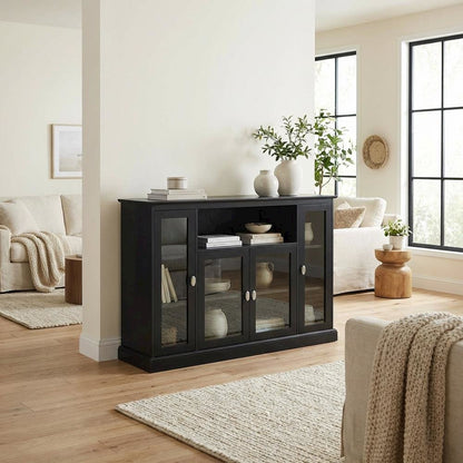 Black Highboy TV Stand with Storage Cabinets and Shelves for 55-Inch TVs
