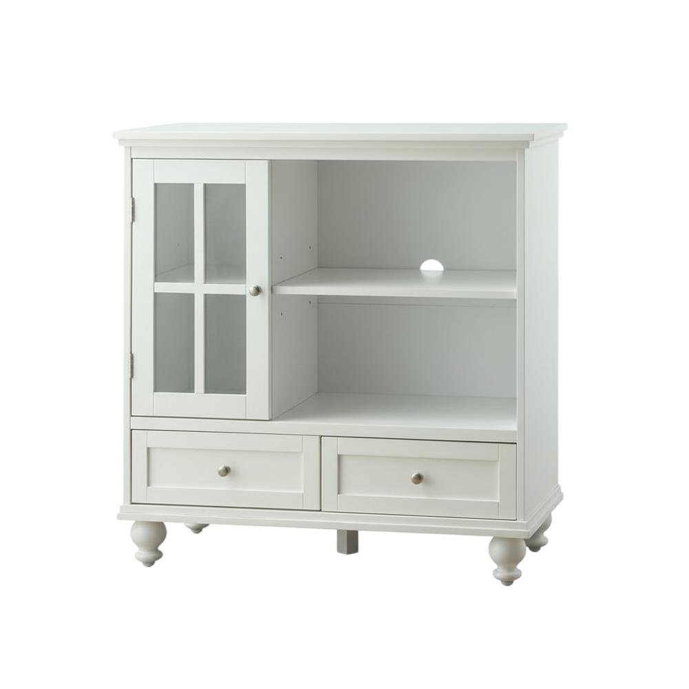 White Solid Wood Pine TV Stand with Ash Veneer and Tempered Glass accents