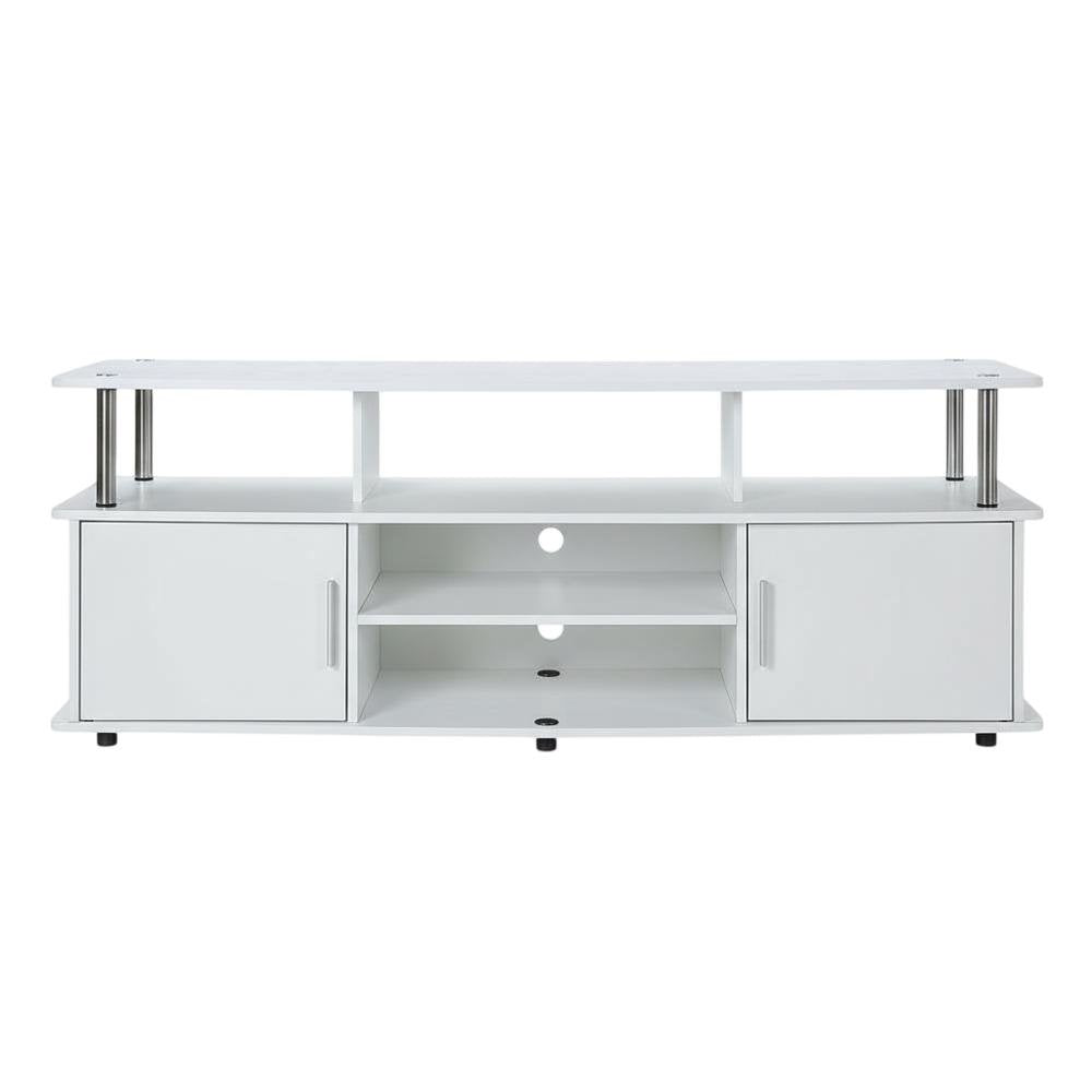 White TV stand with particle board and stainless steel accents, modern design