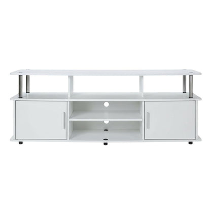 White TV stand with particle board and stainless steel accents, modern design