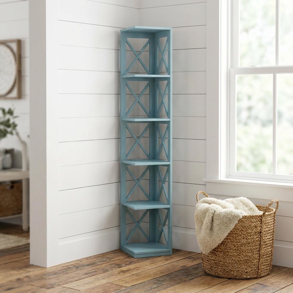 Corner bookcase in sleek finish with five sturdy tiers for versatile storage