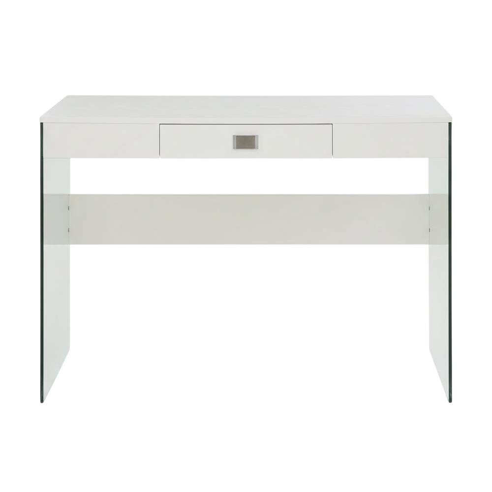 White 42 Inch Glass Desk With Built-In Charging Station And Modern Design