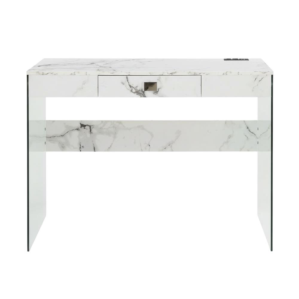 Glass Desk, Charging Station And Faux White Marble Finish For Modern Workspace