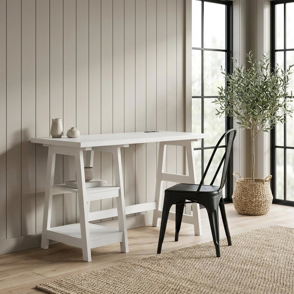 White Trestle Desk With Built-In Charging Station And Melamine Surface