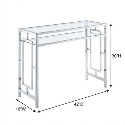 Contemporary Chrome Desk With Shelf And Clear Glass Surface