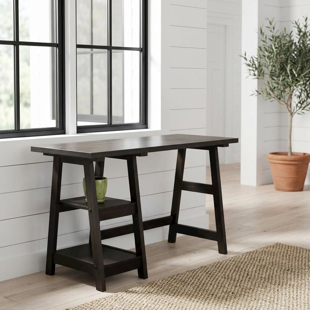 Wooden Trestle Desk With Shelves And Melamine Finish For Office Work
