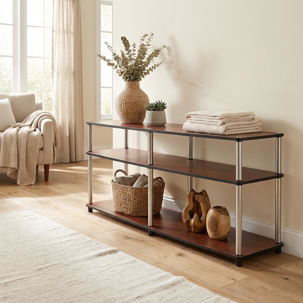 Cherry 3-tier TV stand, sturdy particle board construction, stainless steel
