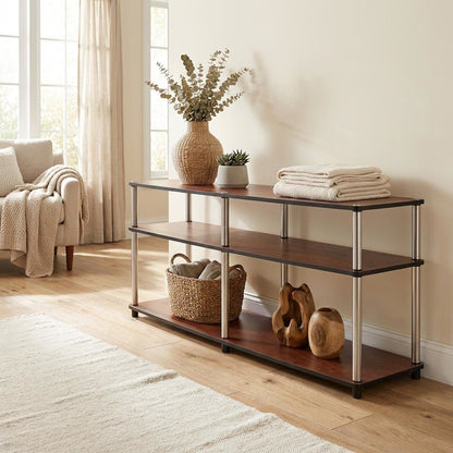 Cherry 3-tier TV stand, sturdy particle board construction, stainless steel