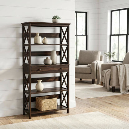 5-Tier Bookcase with Drawer in Modern Finish for Storage and Organization